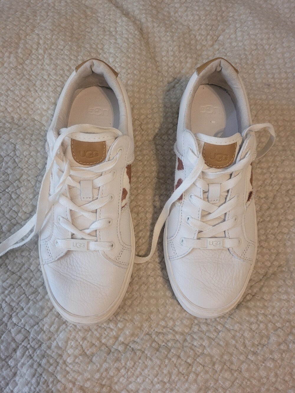 UGG White Leather Sneakers with Cow Tan Chestnut Accents